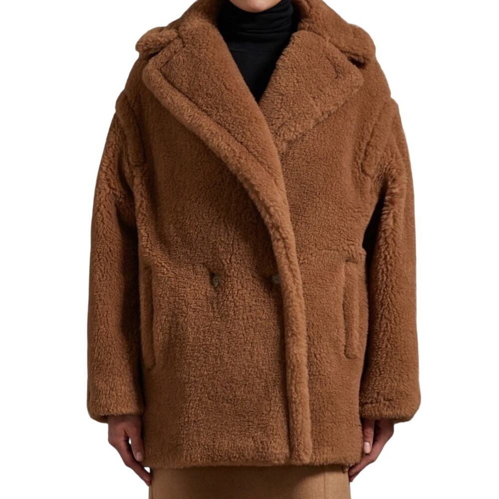 MaxMara (M) Short Teddy Bear Icon Camel Hair Silk Coat Oversized Luxury Brown
